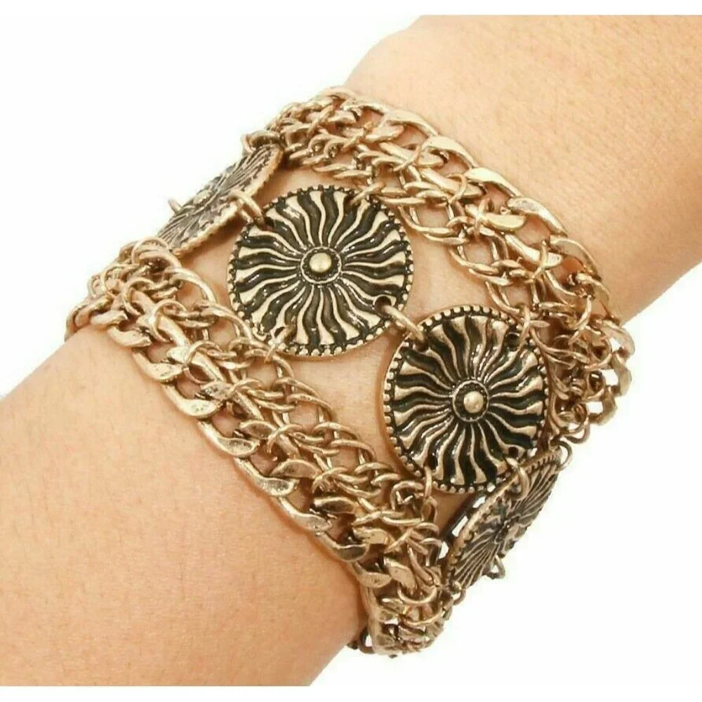Gold WIDE Floral MULTI Chain BOHO Gypsy Hippie Bali Chunky Funky Bracelet
